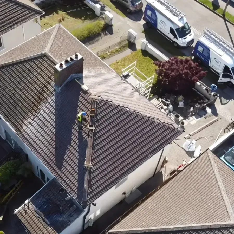 Drone view directly above a completed tiled roof